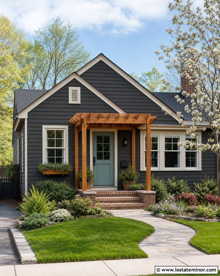 Charcoal Grey Bungalow With Small Pergola Porch - 30 Charcoal Grey House Design With Pergola Ideas