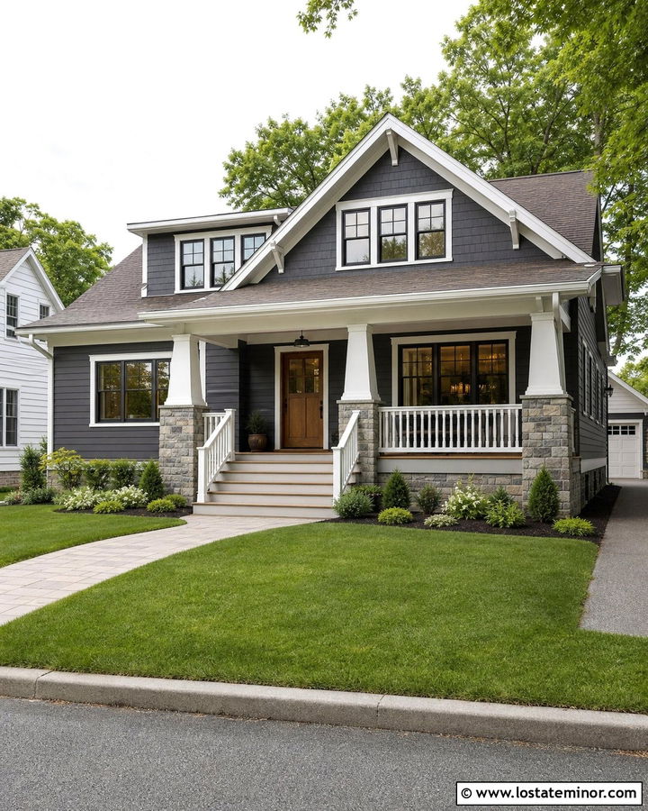 Charcoal Grey Bungalow With Square Railings - 30 Charcoal Grey House Design With Railings Ideas