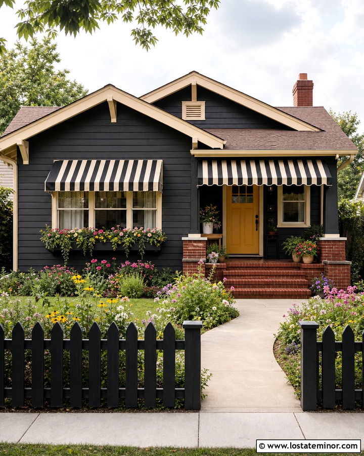 Charcoal Grey Bungalow With Striped Canvas Awning - 30 Charcoal Grey House Design With Awning Ideas