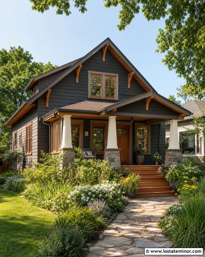 Charcoal Grey Bungalow With Wood Window Frames - 30 Charcoal Grey House Design With Window Frames Ideas