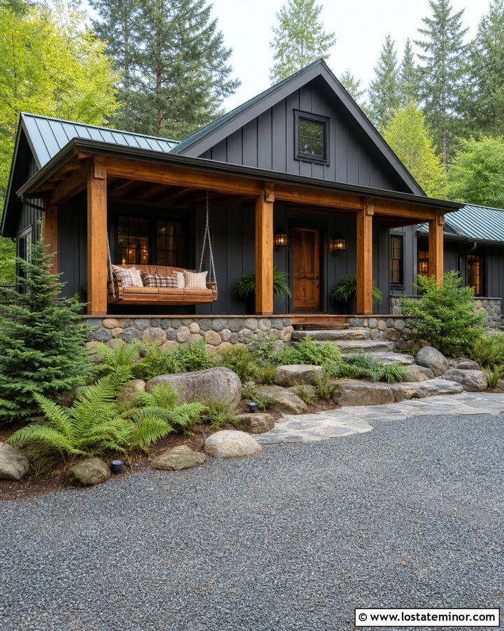 Charcoal Grey Cabin With Porch Swing Bed - 30 Charcoal Grey House Design With Swing Ideas