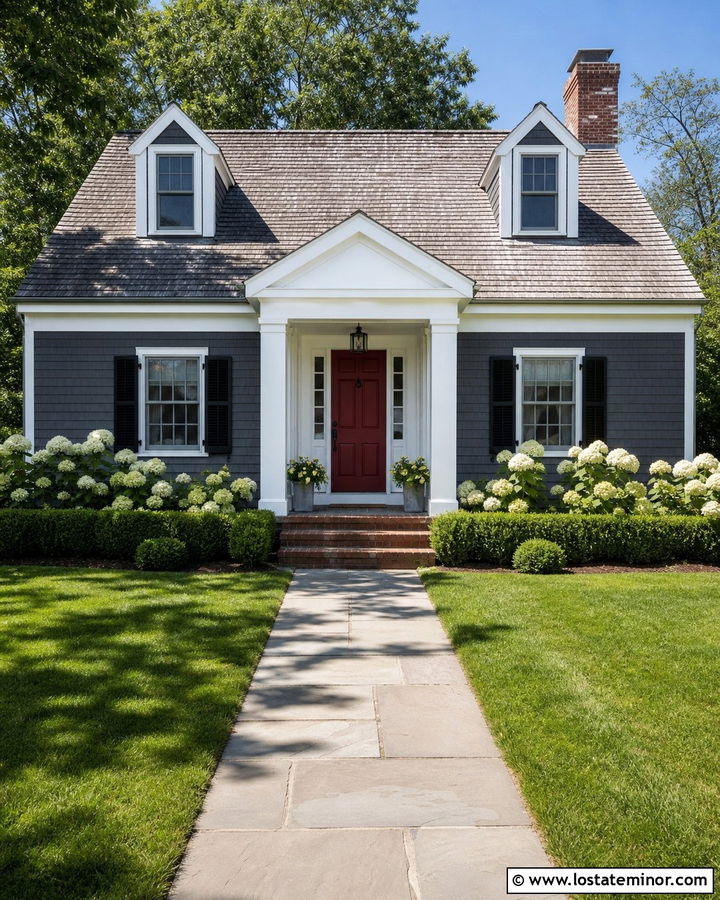 Charcoal Grey Cape Cod House With Gabled Portico - 30 Charcoal Grey House Design With Portico Ideas