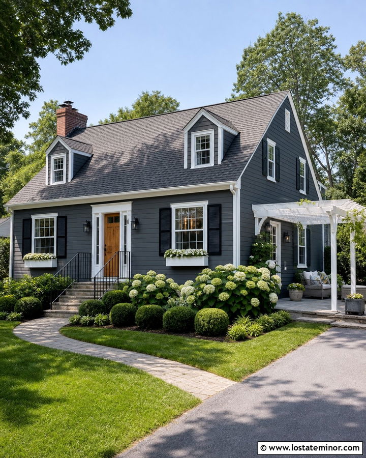 Charcoal Grey Cape Cod House With Pergola - 30 Charcoal Grey House Design With Pergola Ideas
