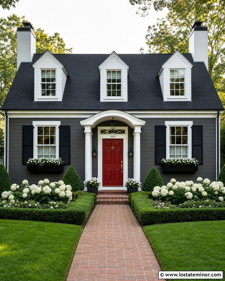 Charcoal Grey Cape Cod House With Red Door And Black Window Boxes - 30 Charcoal Grey House Design With Window Boxes Ideas