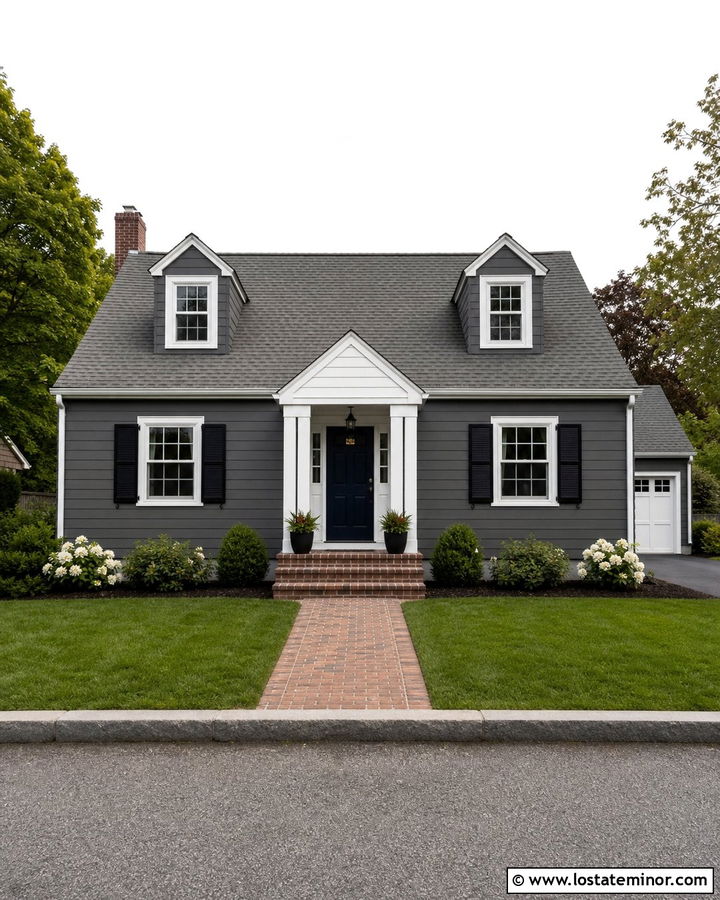 Charcoal Grey Cape Cod House With Small Front Portico - 30 Charcoal Grey House Design With Front Porch Ideas