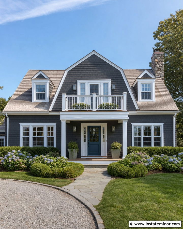 Charcoal Grey Cape Cod With Balcony Railings - 30 Charcoal Grey House Design With Railings Ideas