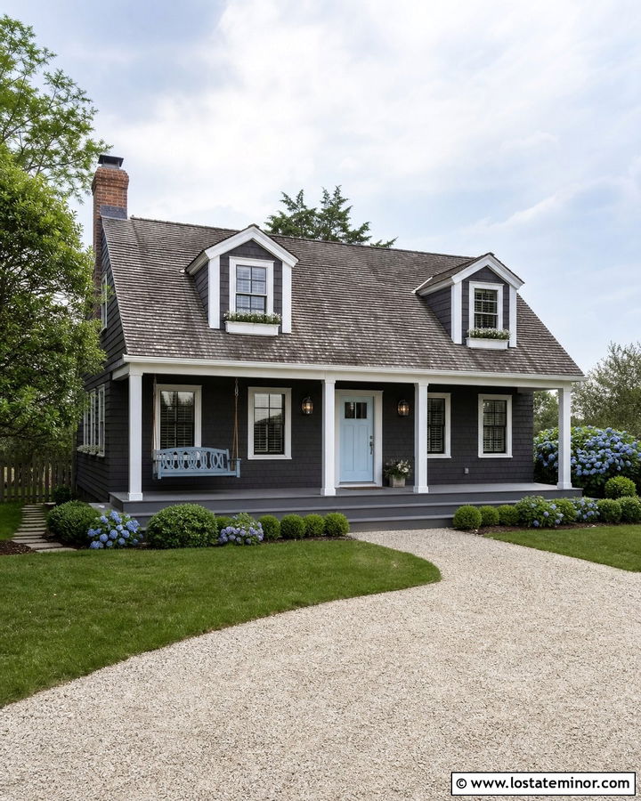 Charcoal Grey Cape Cod With Blue Swing - 30 Charcoal Grey House Design With Swing Ideas