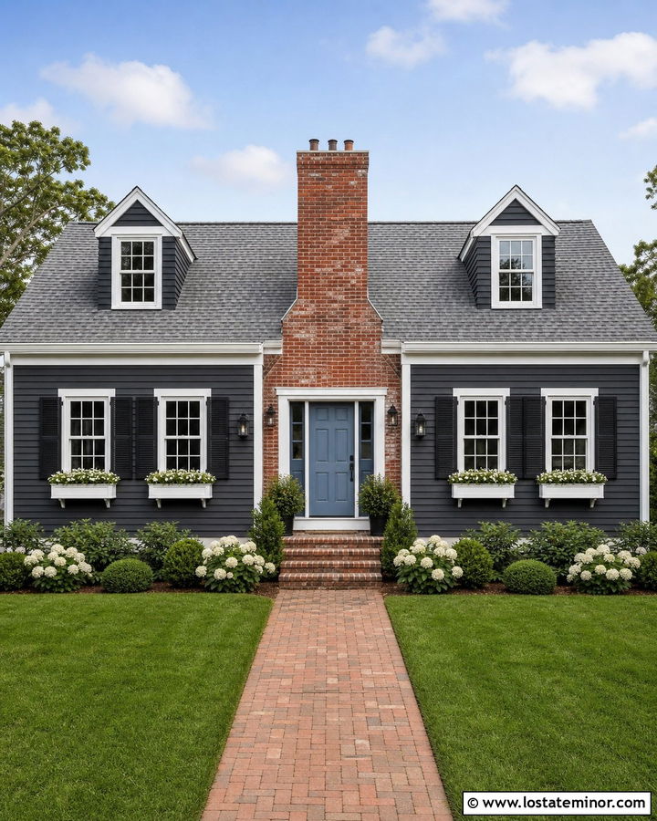 Charcoal Grey Cape Cod With Central Brick Chimney - 30 Charcoal Grey House Design With Chimney Ideas