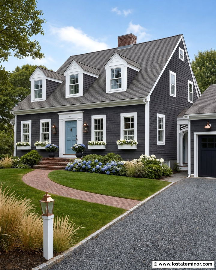 Charcoal Grey Cape Cod With Copper Lanterns - 30 Charcoal Grey House Design With Light Fixtures Ideas