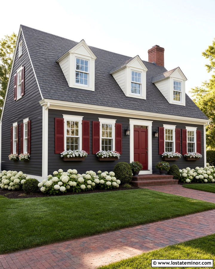 Charcoal Grey Cape Cod With Red Shutters - 30 Charcoal Grey House Design With Shutters Ideas