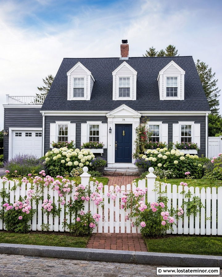Charcoal Grey Cape Cod With White Fence And Roses - 30 Charcoal Grey House Design With Front Yard Ideas