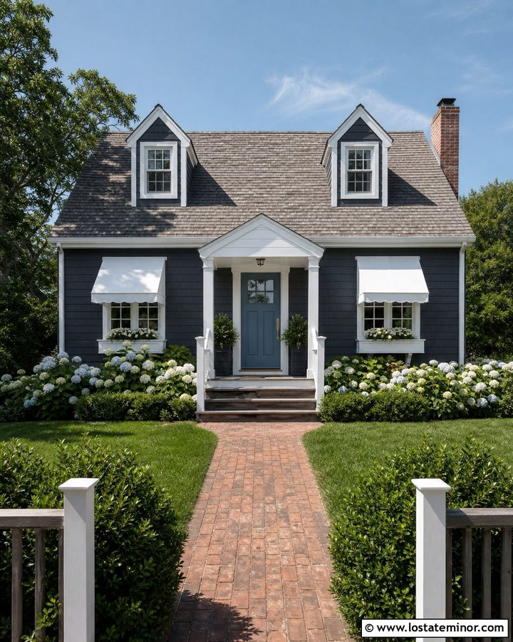 Charcoal Grey Cape Cod With White Window Awnings - 30 Charcoal Grey House Design With Awning Ideas