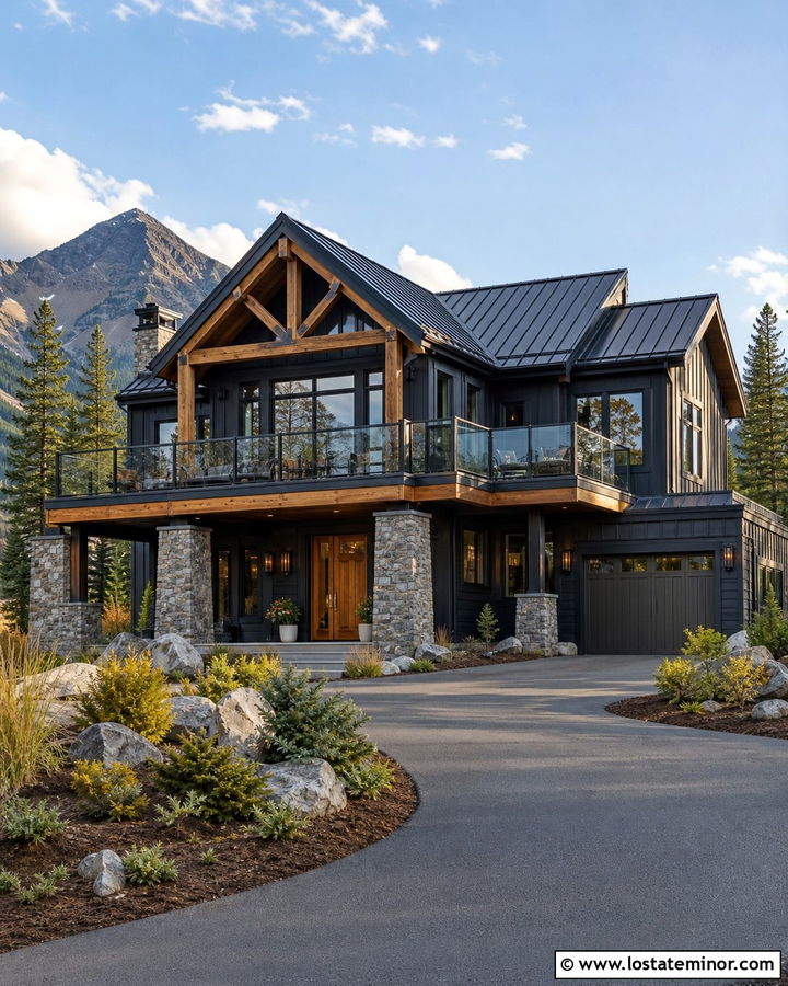 Charcoal Grey Chalet With Glass Railings - 30 Charcoal Grey House Design With Railings Ideas