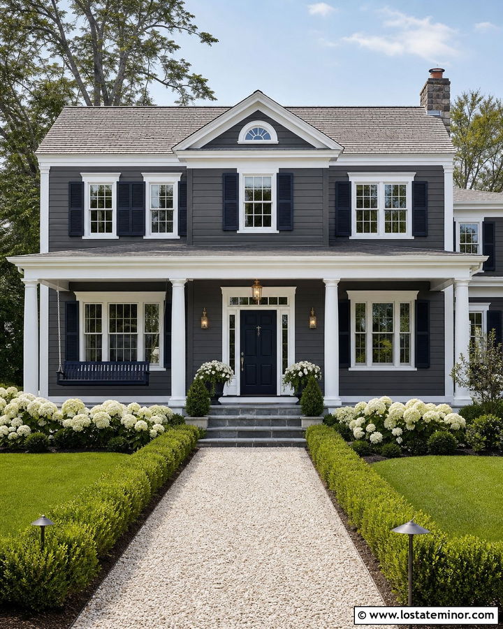 Charcoal Grey Coastal Colonial With Navy Swing - 30 Charcoal Grey House Design With Swing Ideas