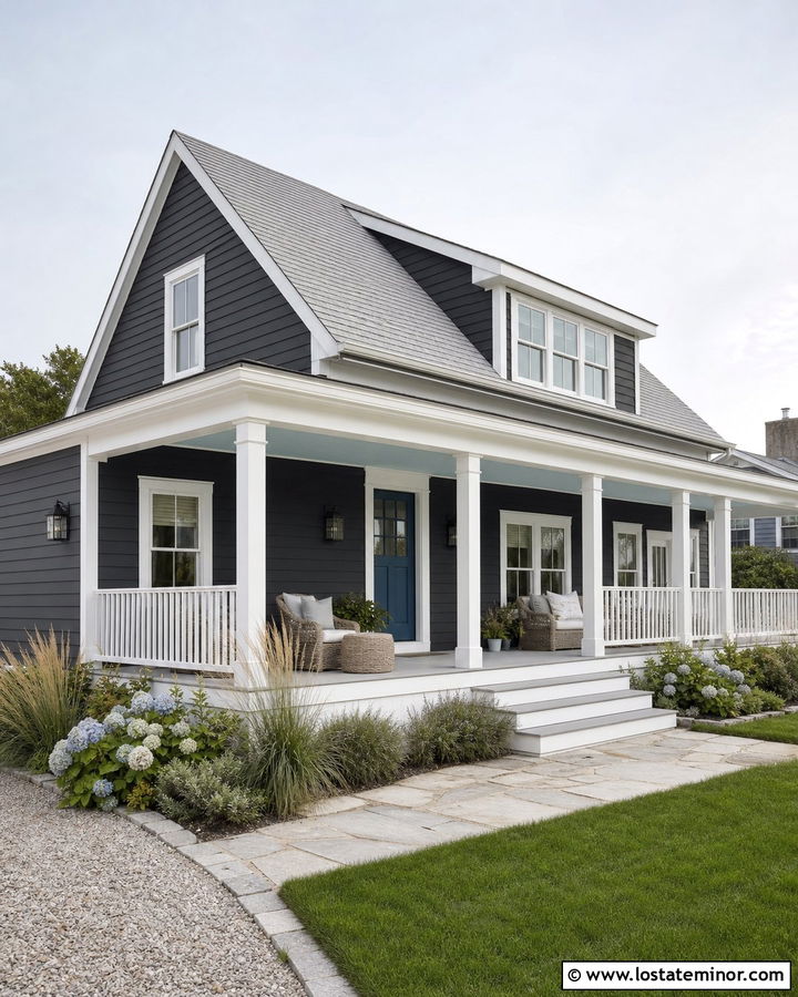 Charcoal Grey Coastal House With Blue Front Porch - 30 Charcoal Grey House Design With Front Porch Ideas