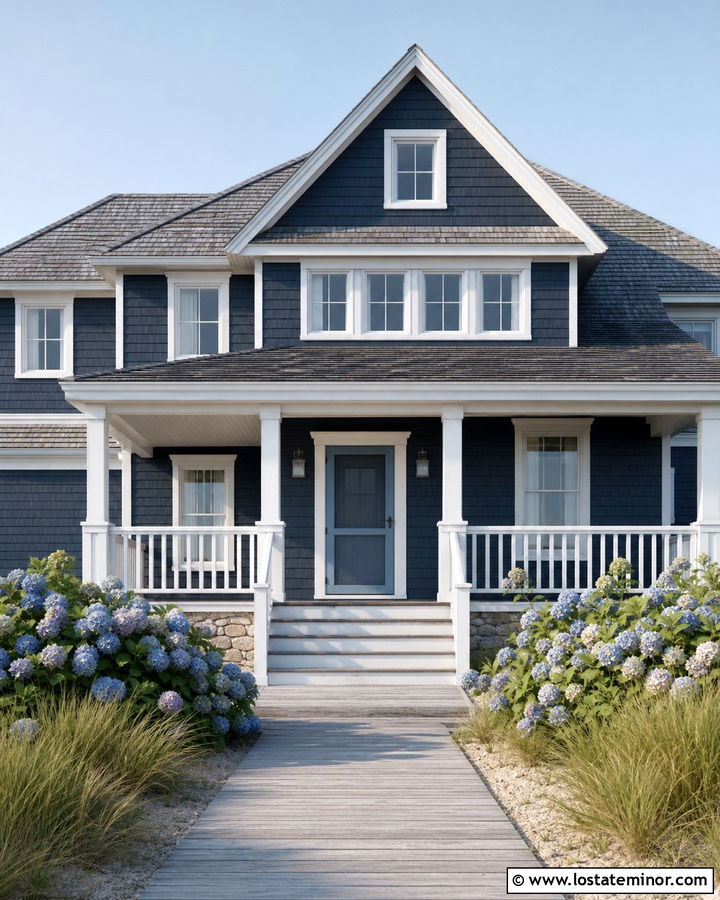 Charcoal Grey Coastal House With Blue Screen Door - 30 Charcoal Grey House Design With Screen Door Ideas
