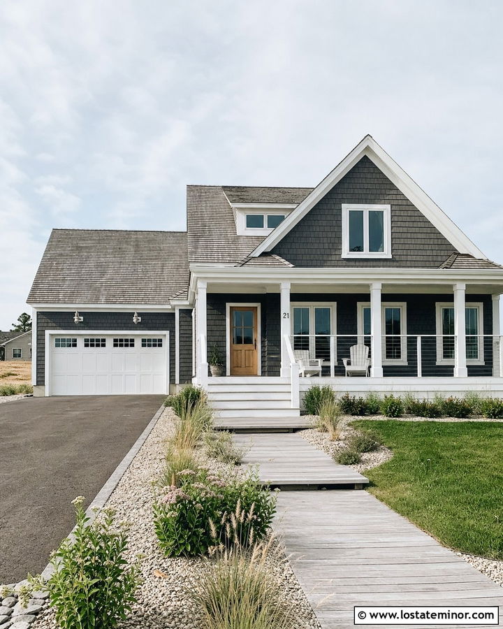 Charcoal Grey Coastal House With Cable Railings - 30 Charcoal Grey House Design With Railings Ideas