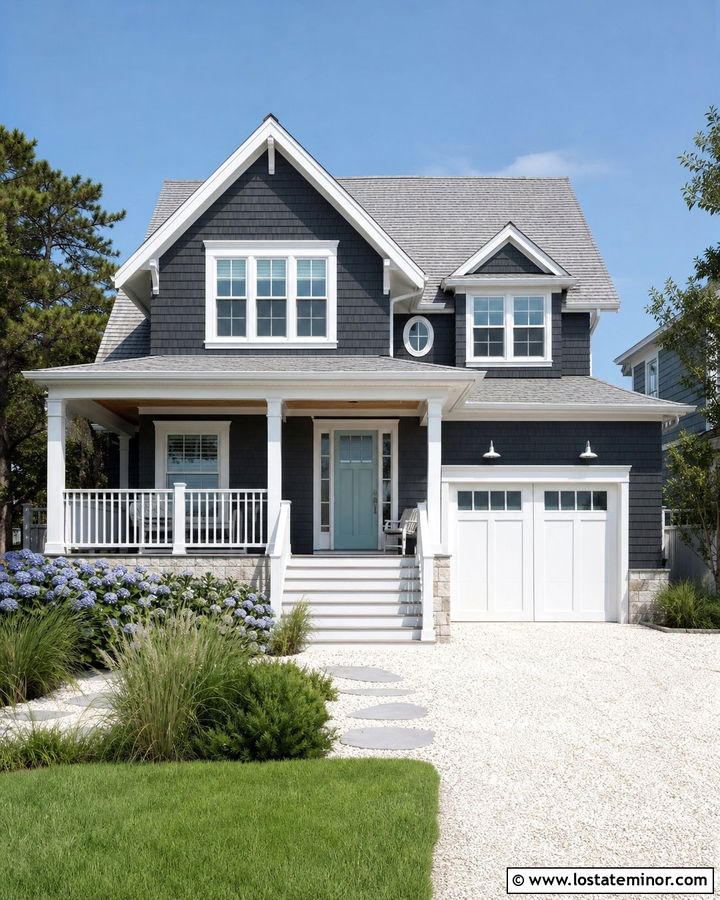 Charcoal Grey Coastal House With Gabled Roof - 30 Charcoal Grey House Design With Gables Ideas