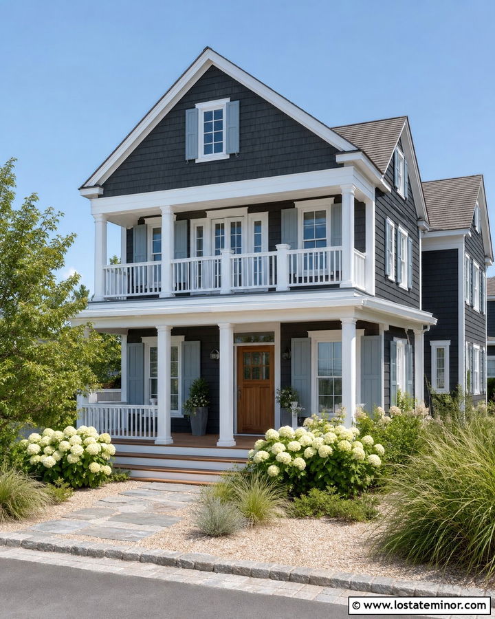 Charcoal Grey Coastal House With Pale Blue Shutters - 30 Charcoal Grey House Design With Shutters Ideas