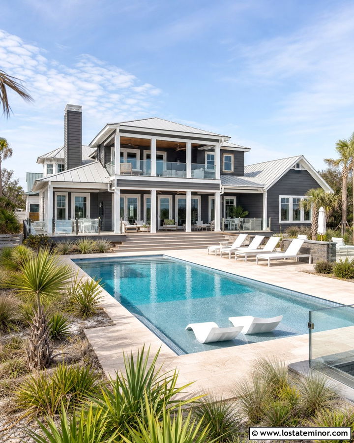 Charcoal Grey Coastal House With Tanning Ledge Pool - 30 Charcoal Grey House Design With Swimming Pool Ideas