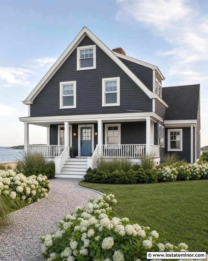 Charcoal Grey Coastal House With White Hydrangeas - 30 Charcoal Grey House Design With Front Yard Ideas