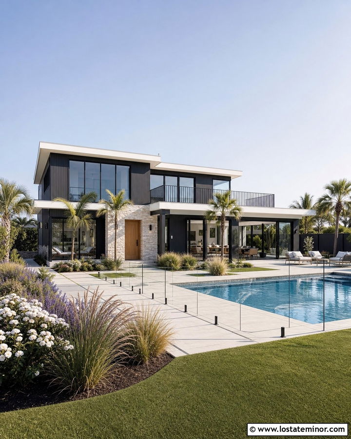 Charcoal Grey Coastal Modern House With Glass Pool Fence - 30 Charcoal Grey House Design With Swimming Pool Ideas