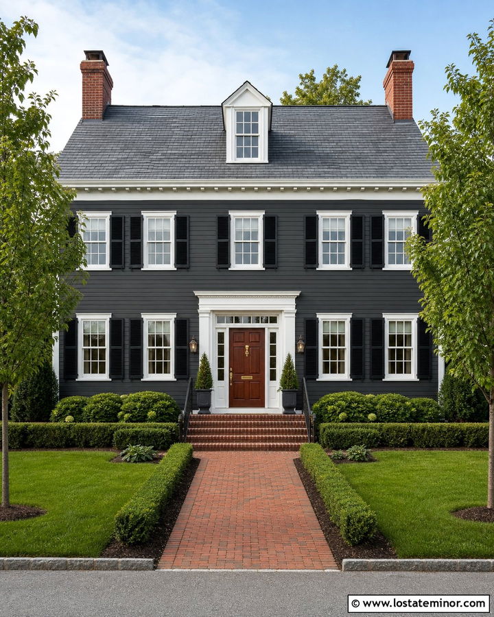 Charcoal Grey Colonial House With Brick Accents - 30 Charcoal Grey House Design With Brick Accents Ideas