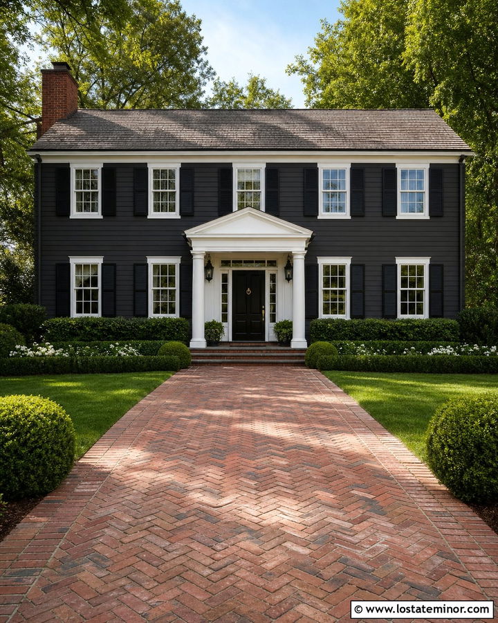 Charcoal Grey Colonial House With Brick Driveway - 30 Charcoal Grey House Design With Driveway Ideas