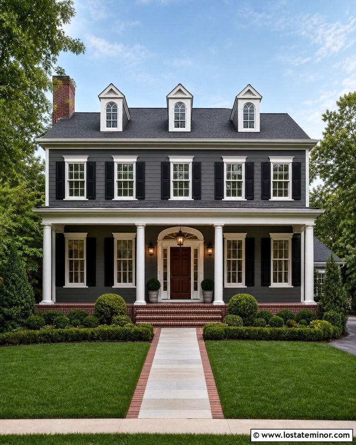 Charcoal Grey Colonial House With Brick Front Porch - 30 Charcoal Grey House Design With Front Porch Ideas