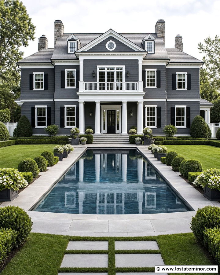 Charcoal Grey Colonial House With Formal Pool - 30 Charcoal Grey House Design With Swimming Pool Ideas
