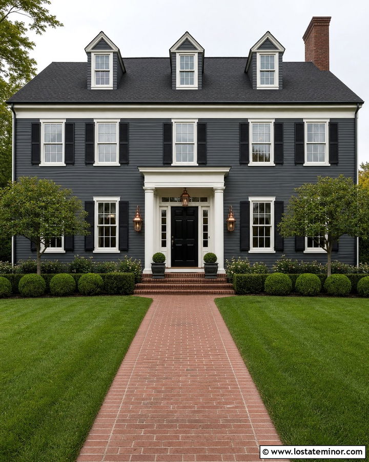 Charcoal Grey Colonial House With Matching Dormers - 30 Charcoal Grey House Design With Dormers Ideas