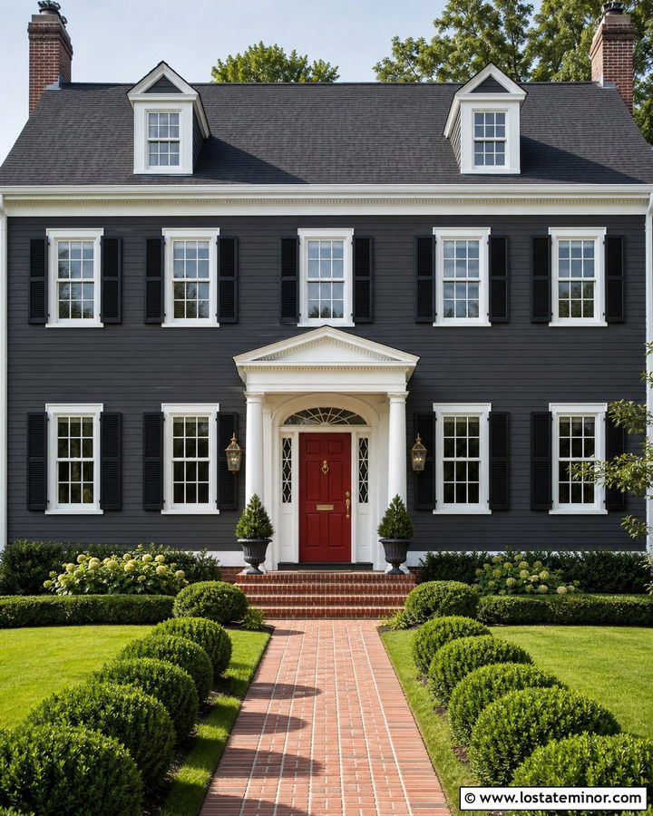 Charcoal Grey Colonial House With Red Door Portico - 30 Charcoal Grey House Design With Portico Ideas