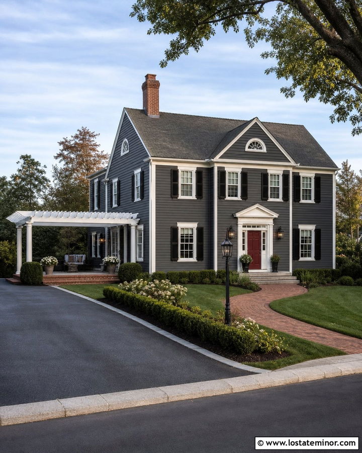 Charcoal Grey Colonial House With Side Pergola - 30 Charcoal Grey House Design With Pergola Ideas