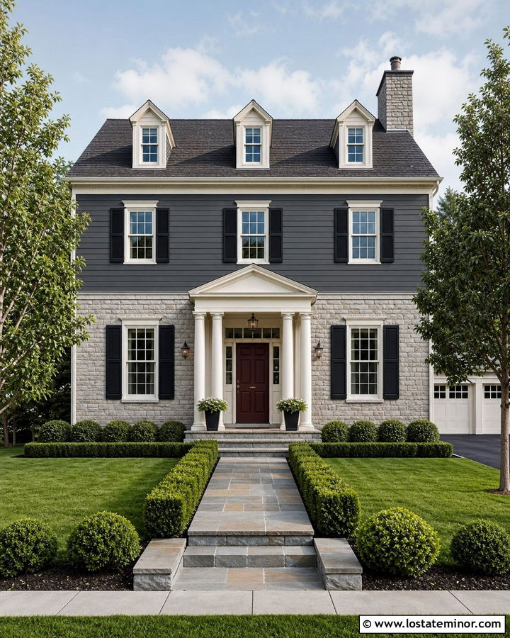 Charcoal Grey Colonial House With Stone - 30 Charcoal Grey House Design With Stone Accents Ideas