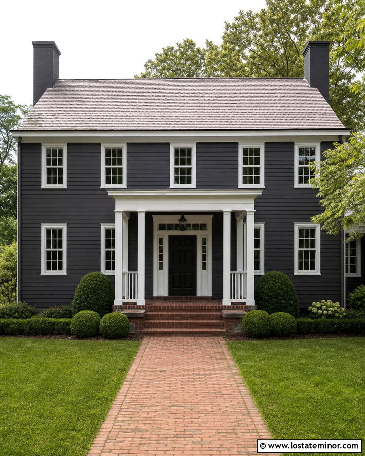 Charcoal Grey Colonial House With White Front Porch - 30 Charcoal Grey House Design With Front Porch Ideas