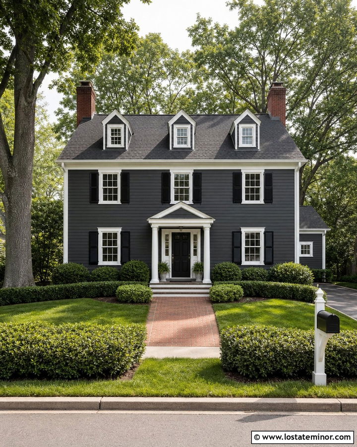Charcoal Grey Colonial House With White Mailbox - 30 Charcoal Grey House Design With Mailbox Ideas