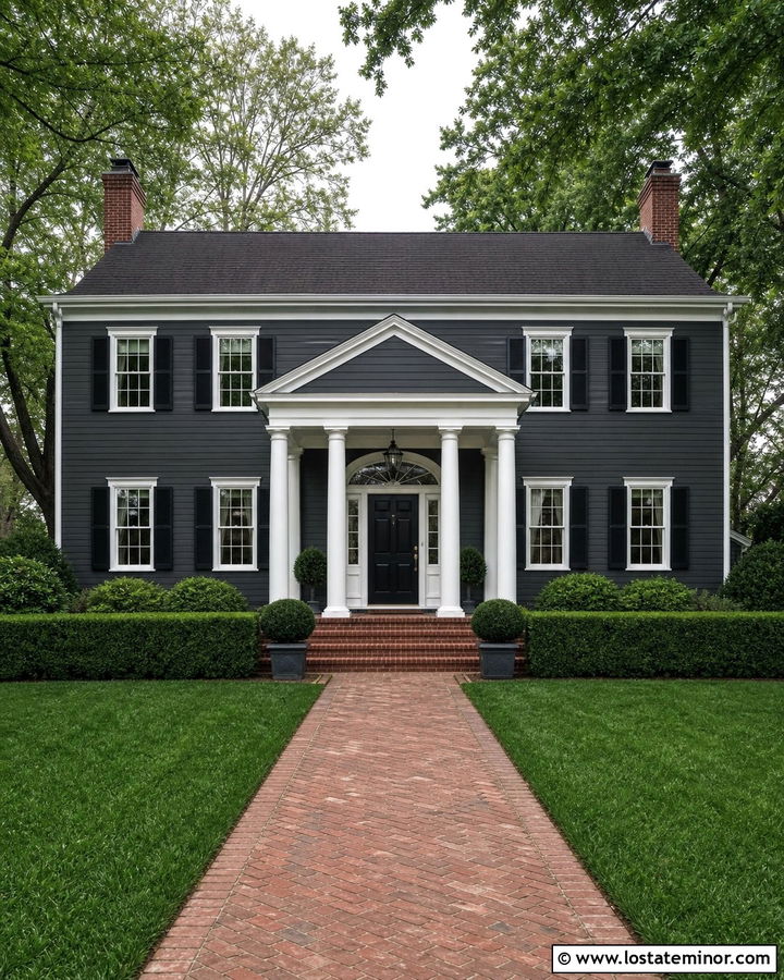Charcoal Grey Colonial House With White Portico - 30 Charcoal Grey House Design With Portico Ideas