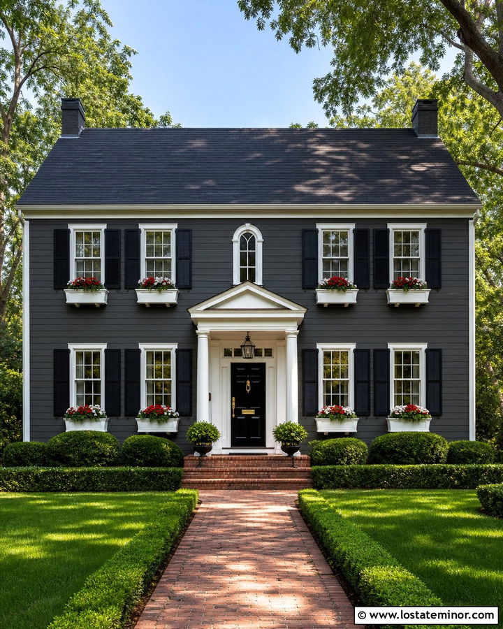 Charcoal Grey Colonial House With White Window Boxes - 30 Charcoal Grey House Design With Window Boxes Ideas