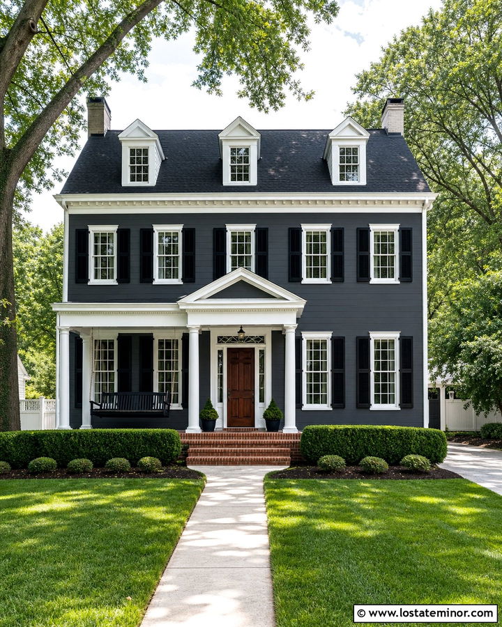 Charcoal Grey Colonial With Black Swing - 30 Charcoal Grey House Design With Swing Ideas