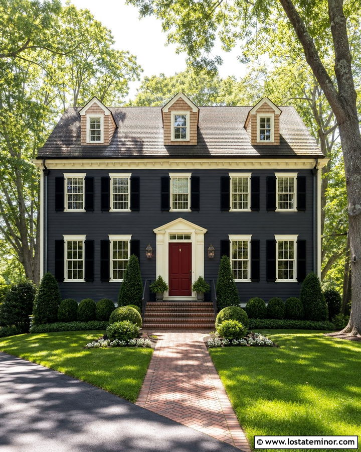 Charcoal Grey Colonial With Cedar Shake Dormers - 30 Charcoal Grey House Design With Cedar Shake Ideas
