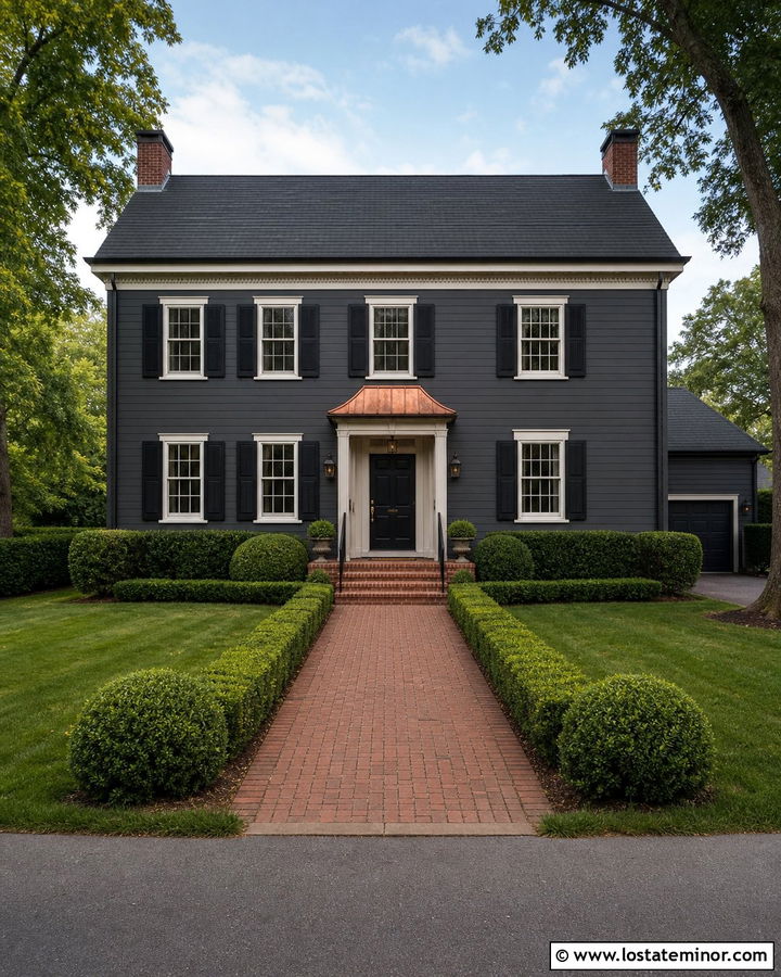 Charcoal Grey Colonial With Copper Awning - 30 Charcoal Grey House Design With Awning Ideas