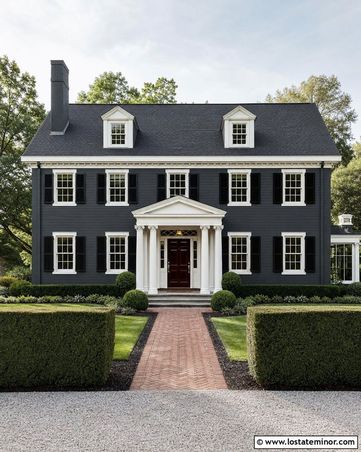 Charcoal Grey Colonial With Matching Painted Chimney - 30 Charcoal Grey House Design With Chimney Ideas
