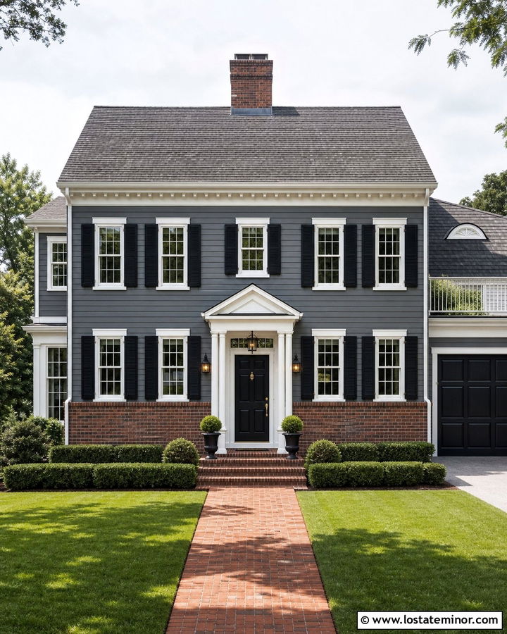 Charcoal Grey Colonial With Red Brick Wainscoting - 30 Charcoal Grey House Design With Wainscoting Ideas