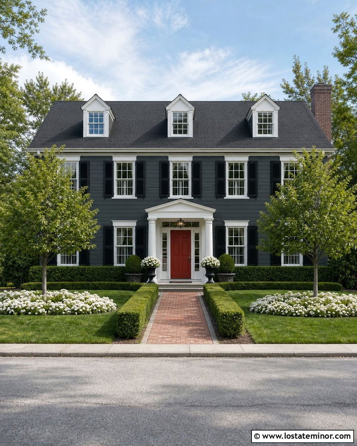 Charcoal Grey Colonial With Red Door And Clipped Hedges - 30 Charcoal Grey House Design With Front Yard Ideas
