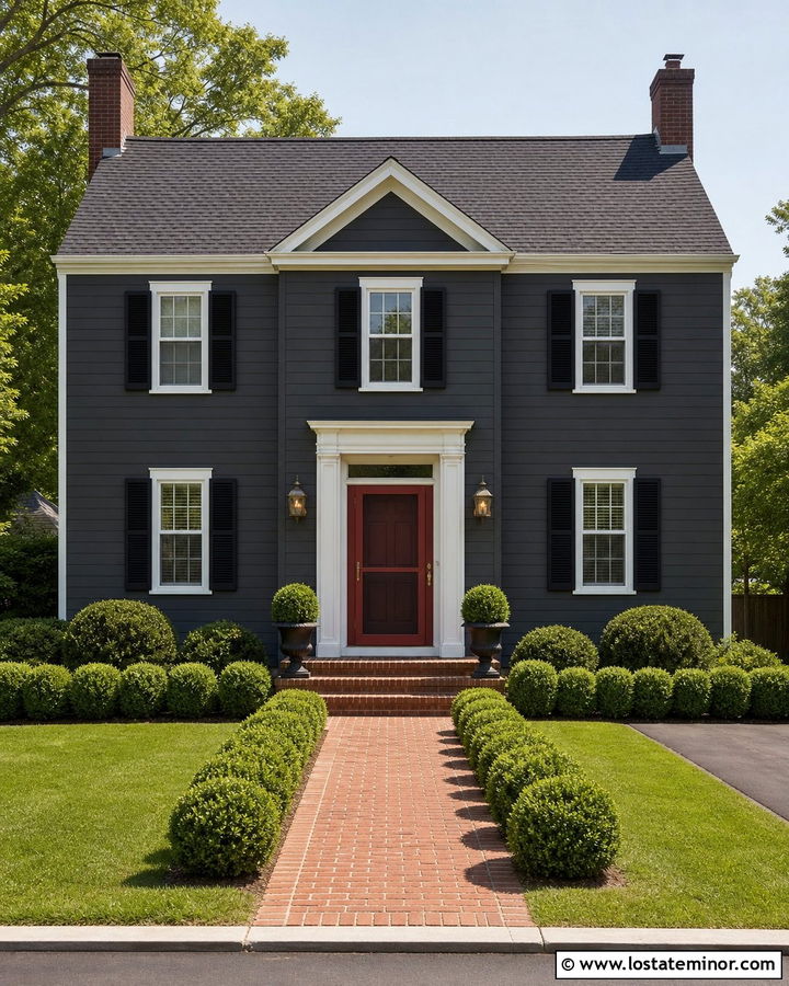Charcoal Grey Colonial With Red Screen Door - 30 Charcoal Grey House Design With Screen Door Ideas