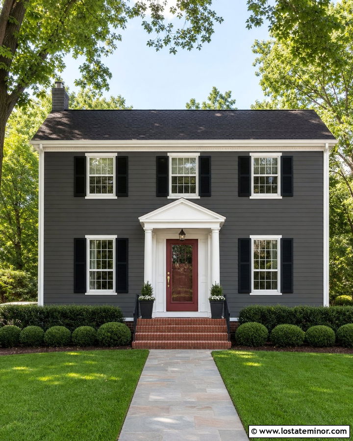 Charcoal Grey Colonial With Red Storm Door - 30 Charcoal Grey House Design With Storm Door Ideas