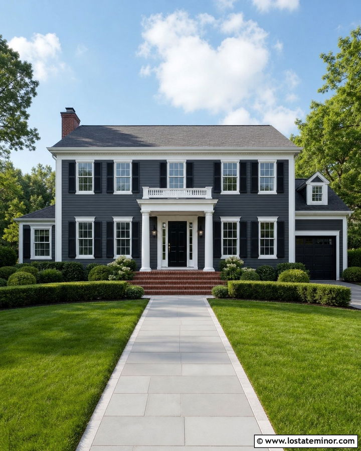 Charcoal Grey Colonial With Traditional Coach Lights - 30 Charcoal Grey House Design With Light Fixtures Ideas