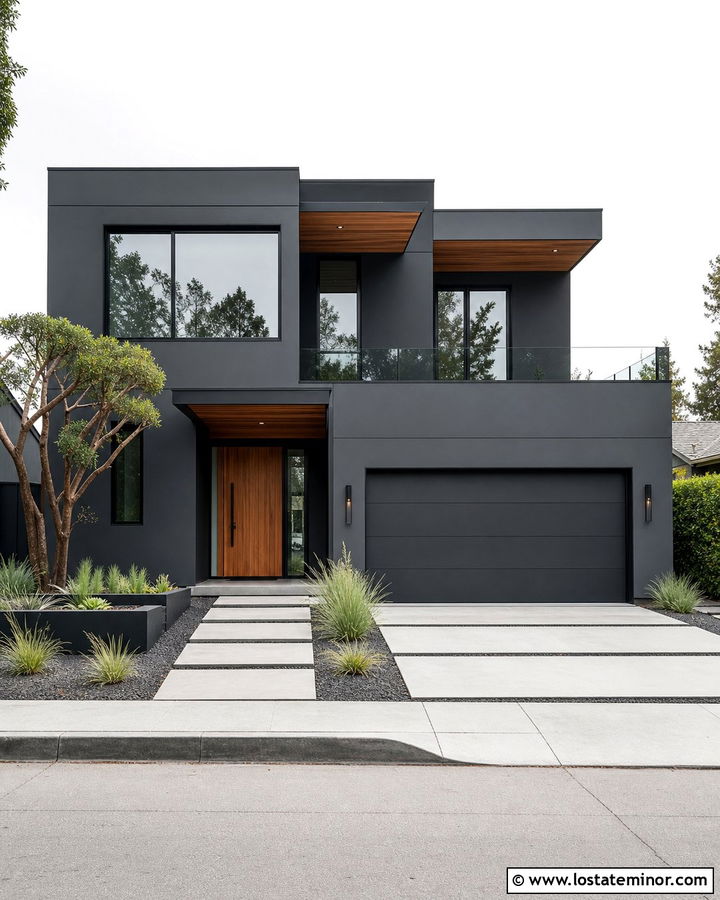 Charcoal Grey Contemporary House With Black Trim - 30 Charcoal Grey House Design With Front Yard Ideas