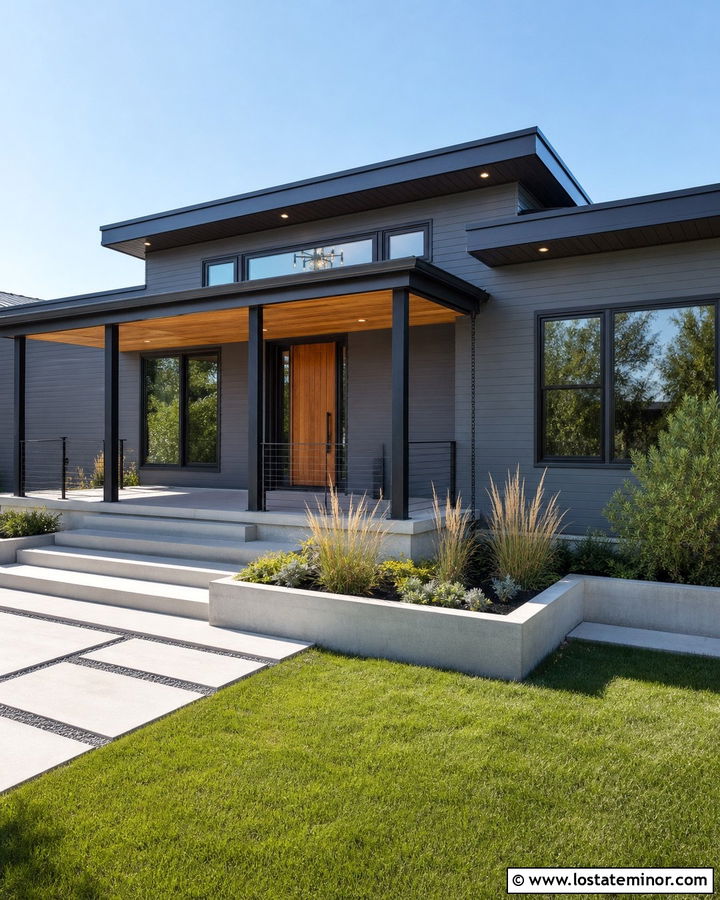 Charcoal Grey Contemporary House With Cable Rail Porch - 30 Charcoal Grey House Design With Front Porch Ideas