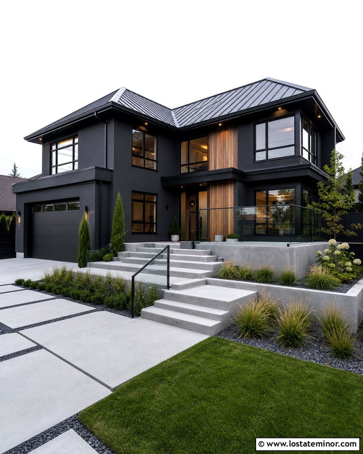 Charcoal Grey Contemporary House With Corner Steps - 30 Charcoal Grey House Design With Steps Ideas